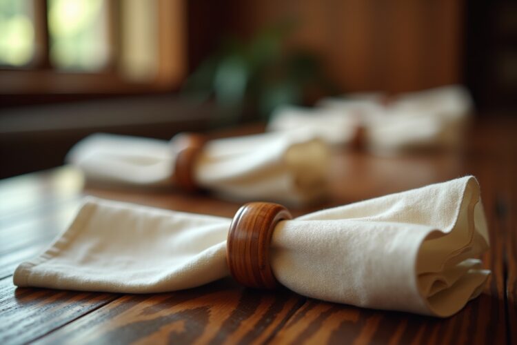 Stoffservietten mit Serviettenringen aus Holz
