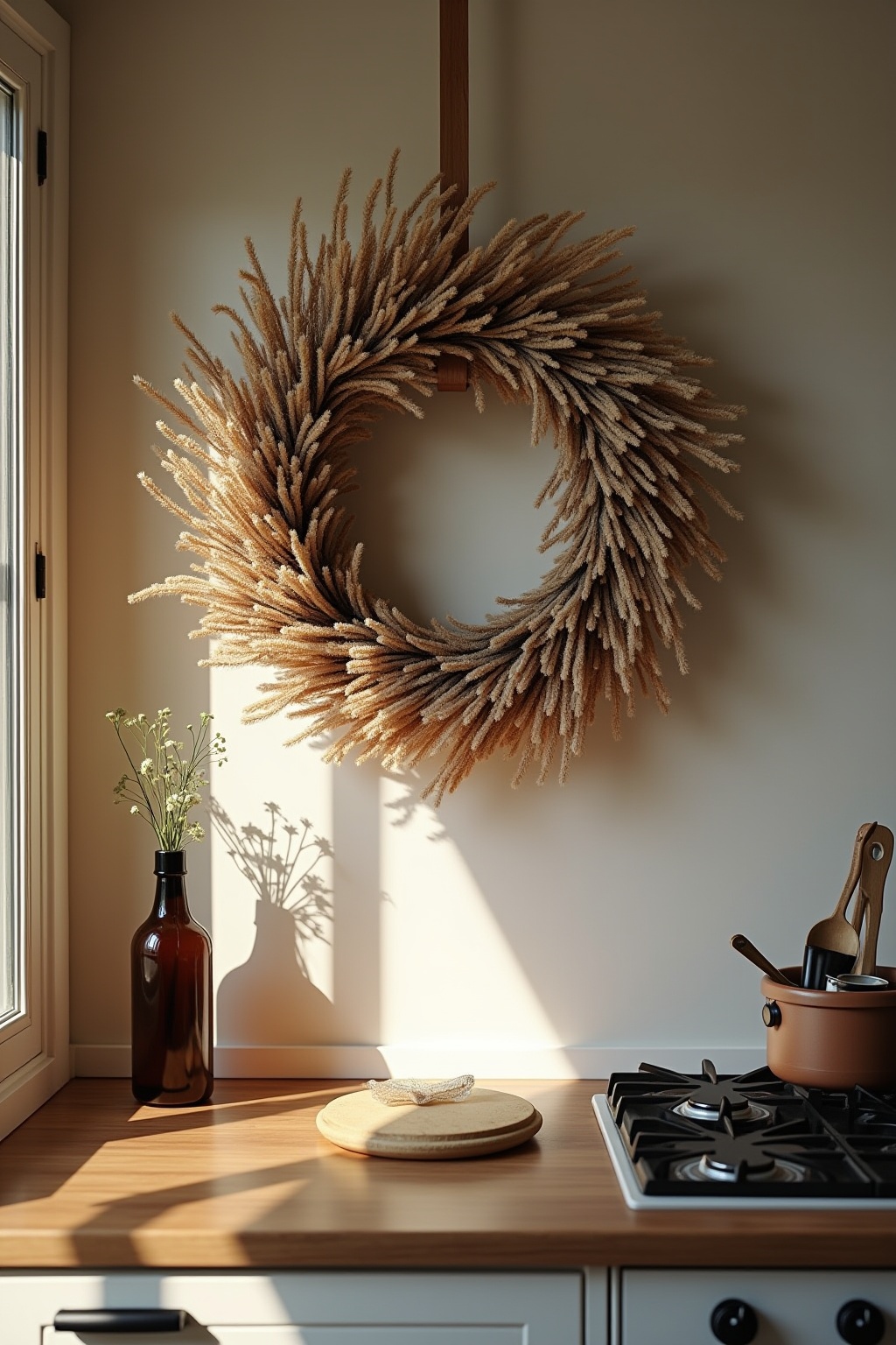 Trockenblumenkranz an der Küchentür Ideen