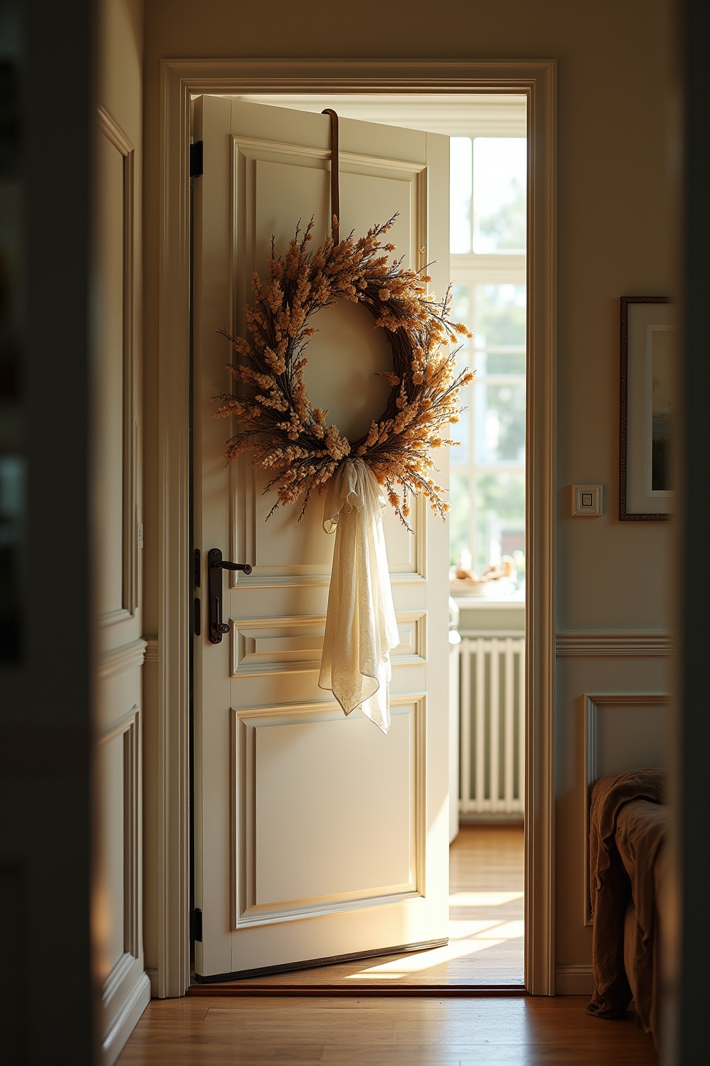 Trockenblumenkranz an der Küchentür Ideen