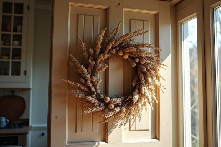 Trockenblumenkranz an der Küchentür Ideen