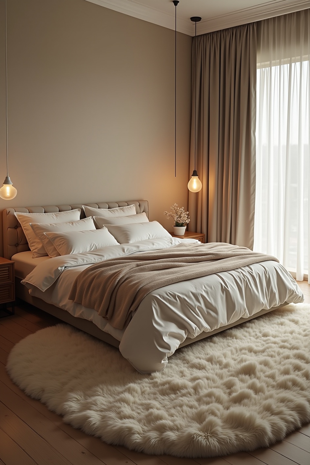 Weiche Hochflor-Teppiche neben dem Bett