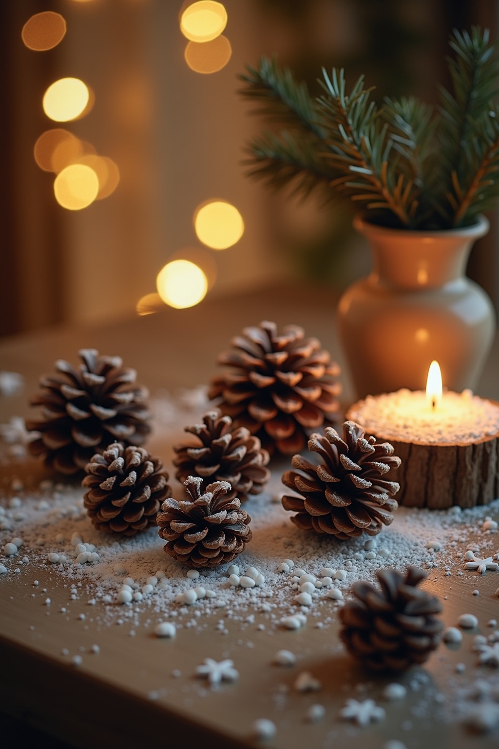 8 Winterdeko mit künstlichem Schnee & Zapfen