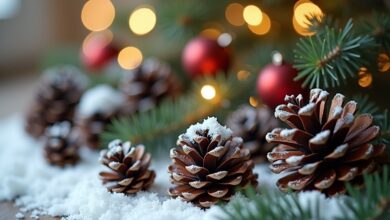 Winterdeko mit künstlichem Schnee und Tannenzapfen-Titel