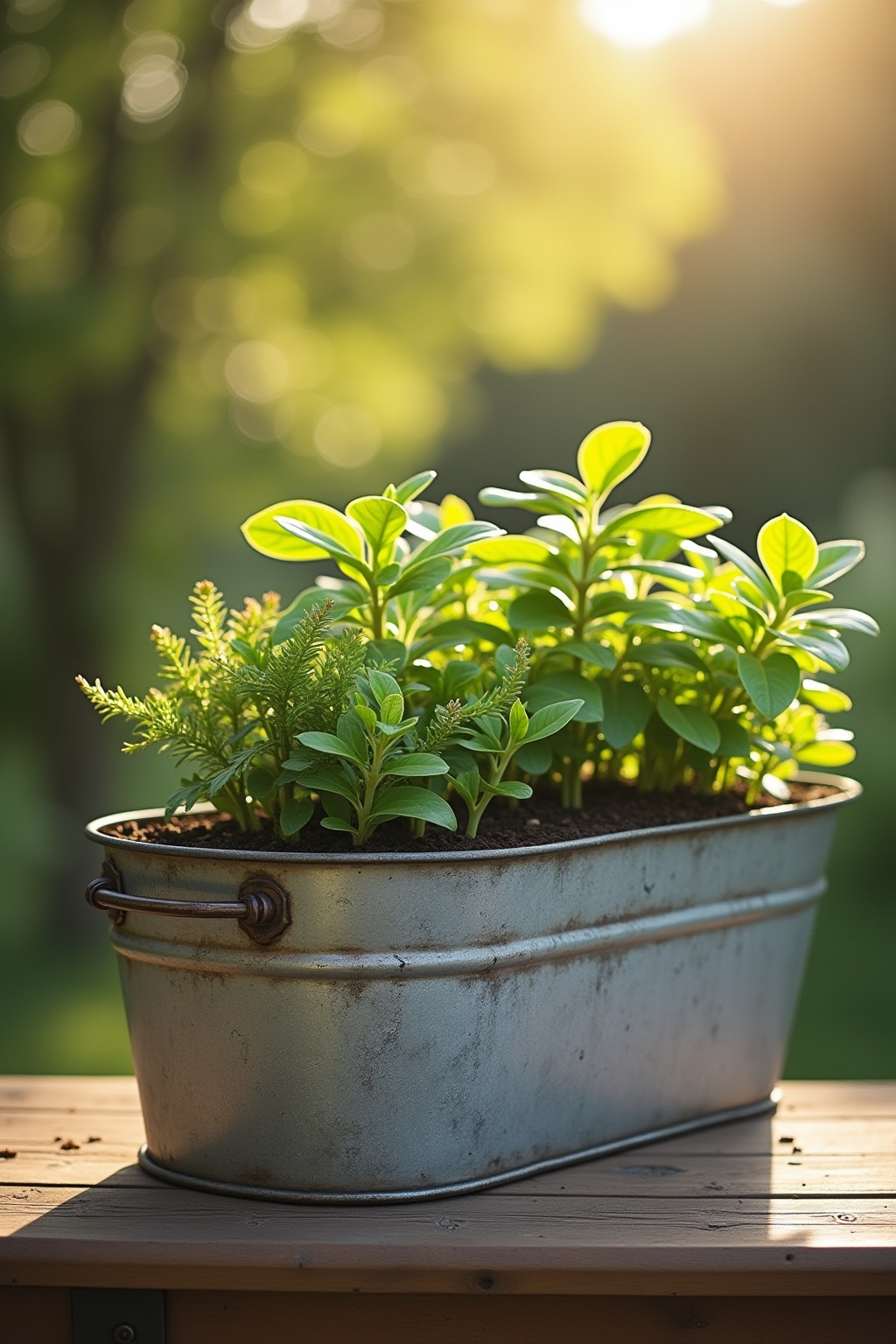 8 Zinkwannen als Pflanzgefäße im Garten