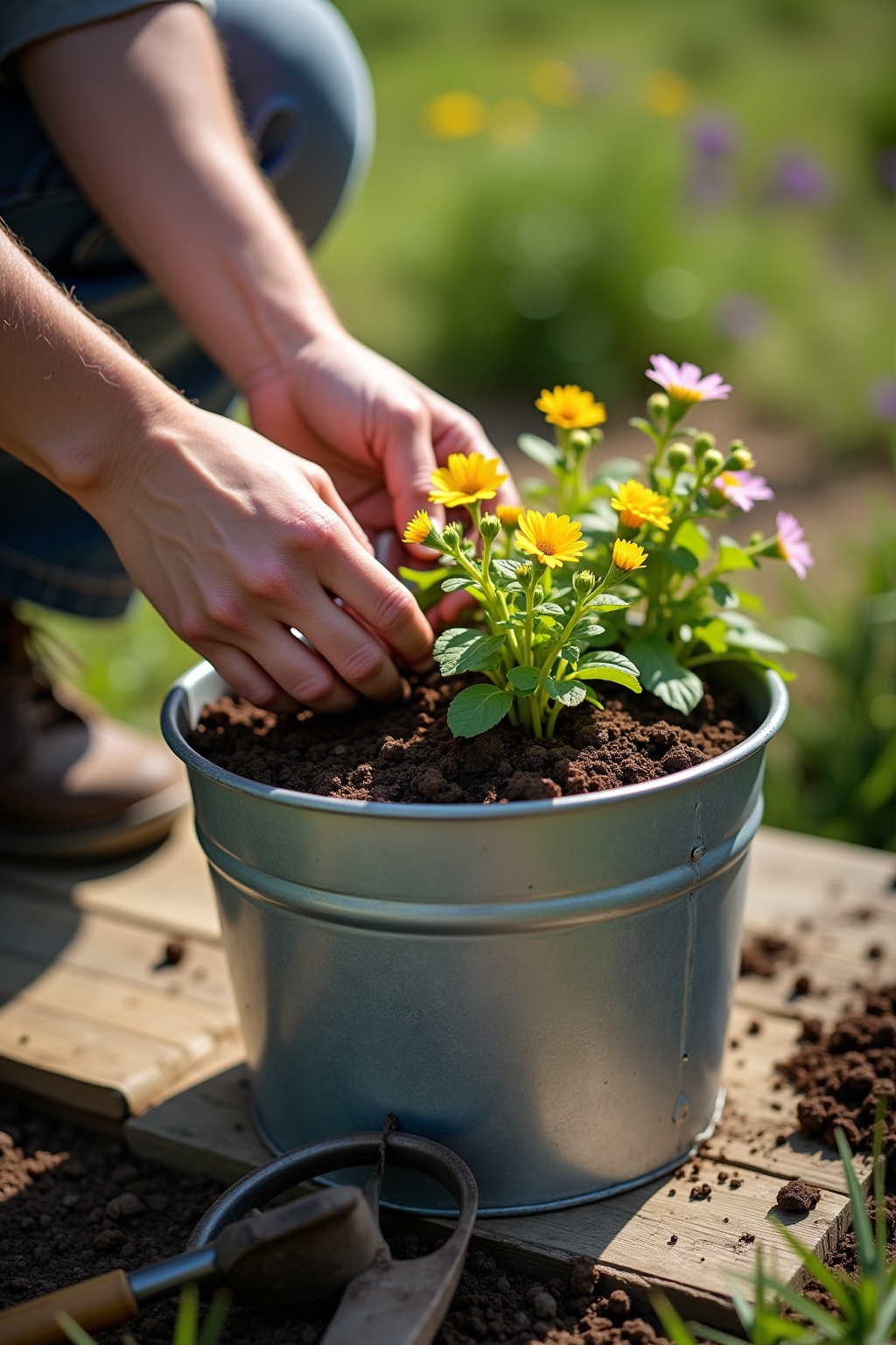 8 Zinkwannen als Pflanzgefäße im Garten