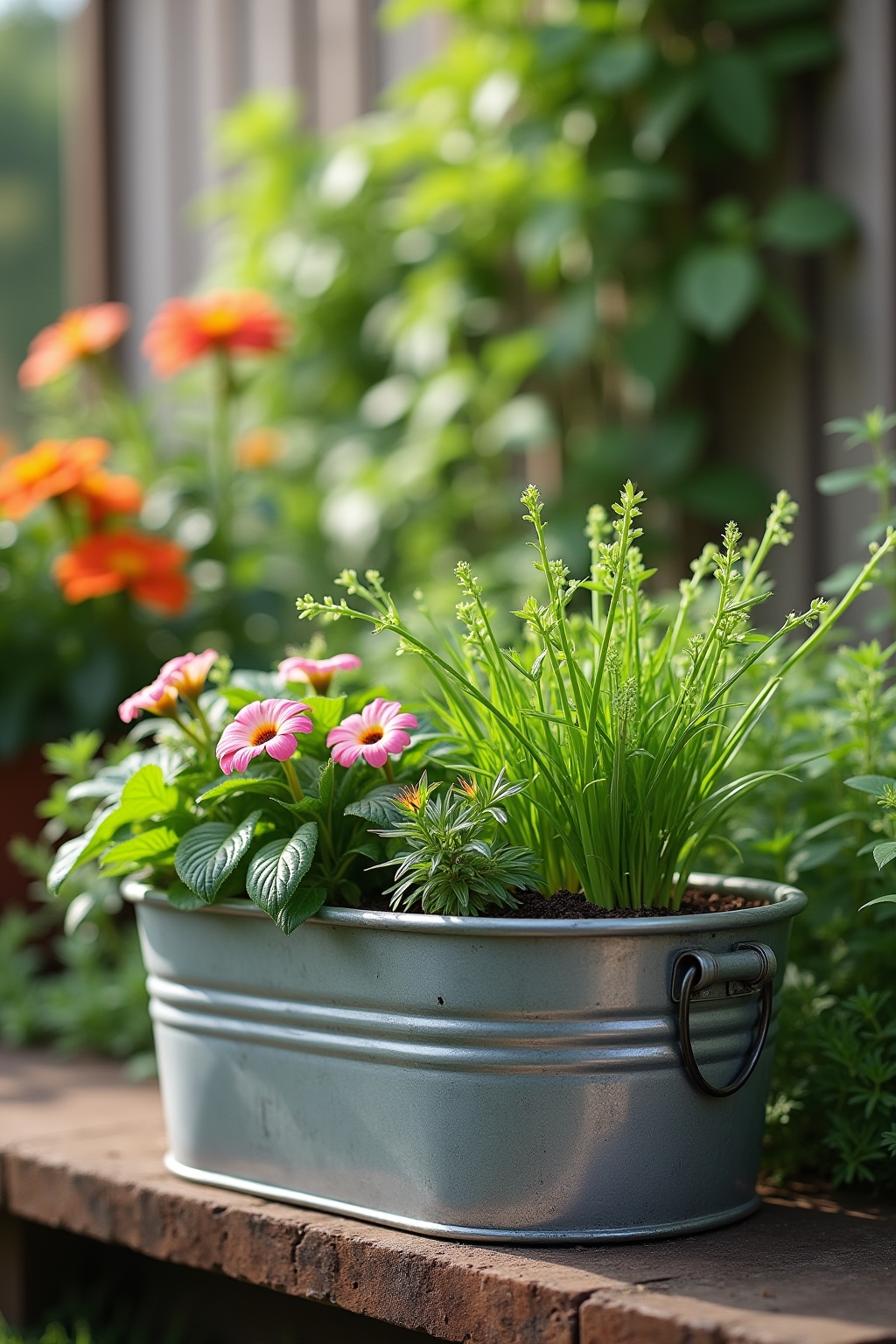 8 Zinkwannen als Pflanzgefäße im Garten