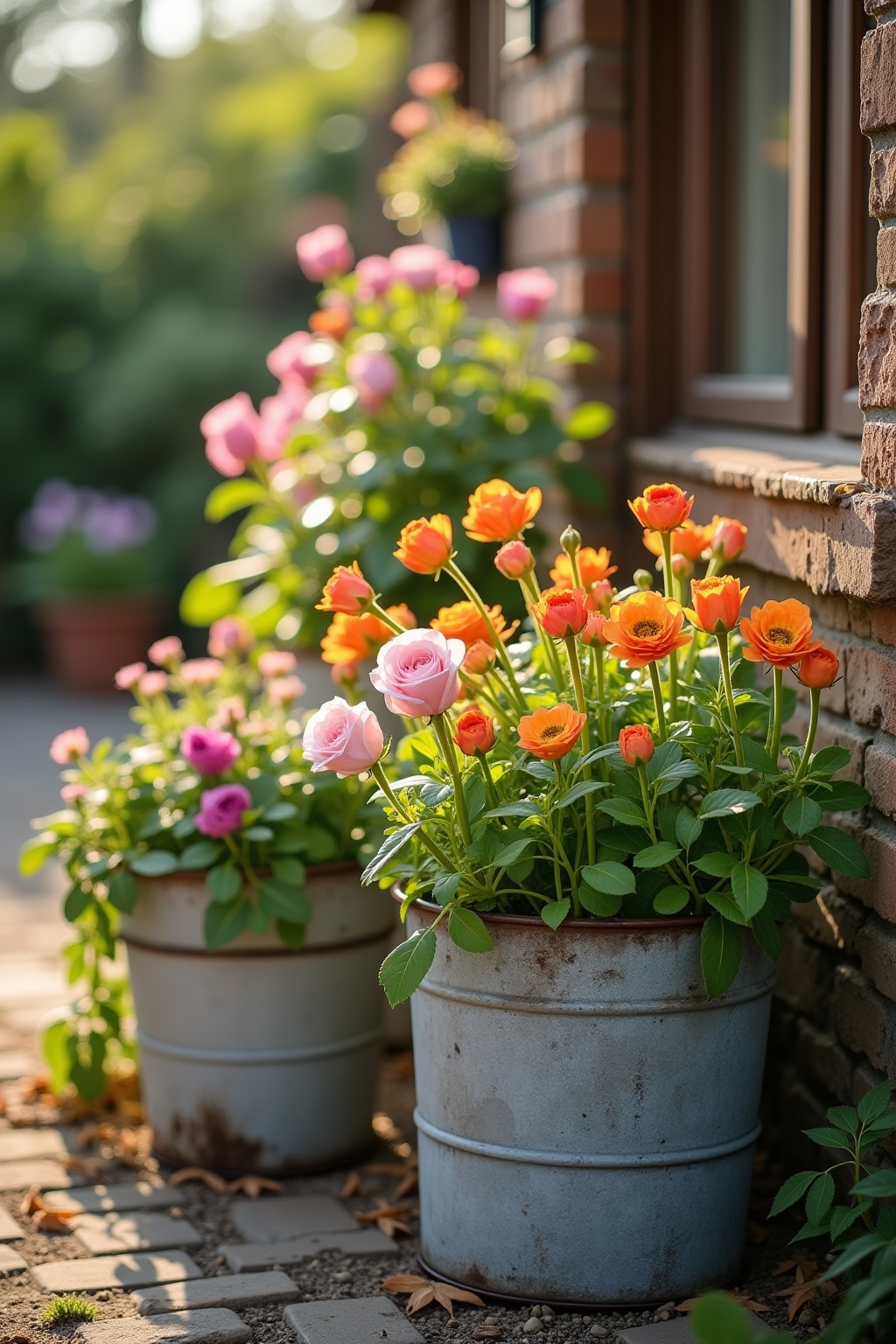 8 Zinkwannen als Pflanzgefäße im Garten