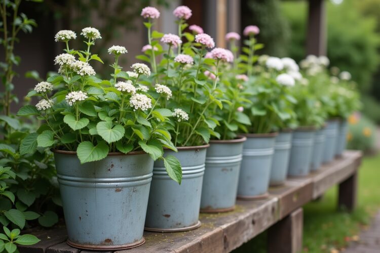 8 Zinkwannen als Pflanzgefäße im Garten